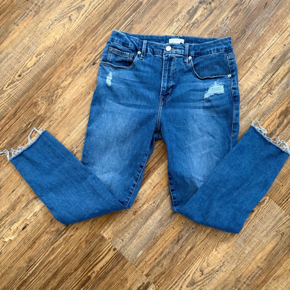 Good American Skinny Jeans Women 12/31 Blue‎ Excellent Distressed Raw Hem